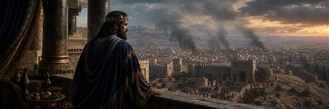 An isolated King Jehoram overlooking revolt and smoke across his troubled kingdom